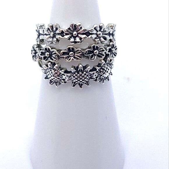 3 pc Set Stackable Gypsy Boho Knuckle Rings Sunflower Floral Silver Zinc Alloy - Picture 1 of 6